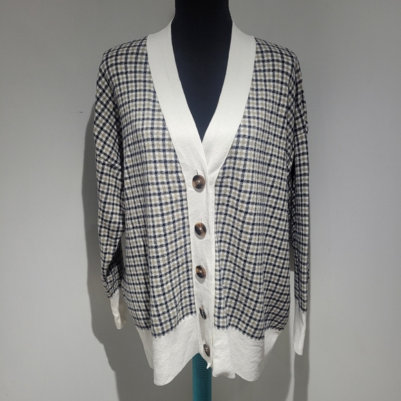 Barbour Sweaters - Barbour Women's Hebrides Plaid Cotton Cardigan Size 12 Cream Black Green Preppy